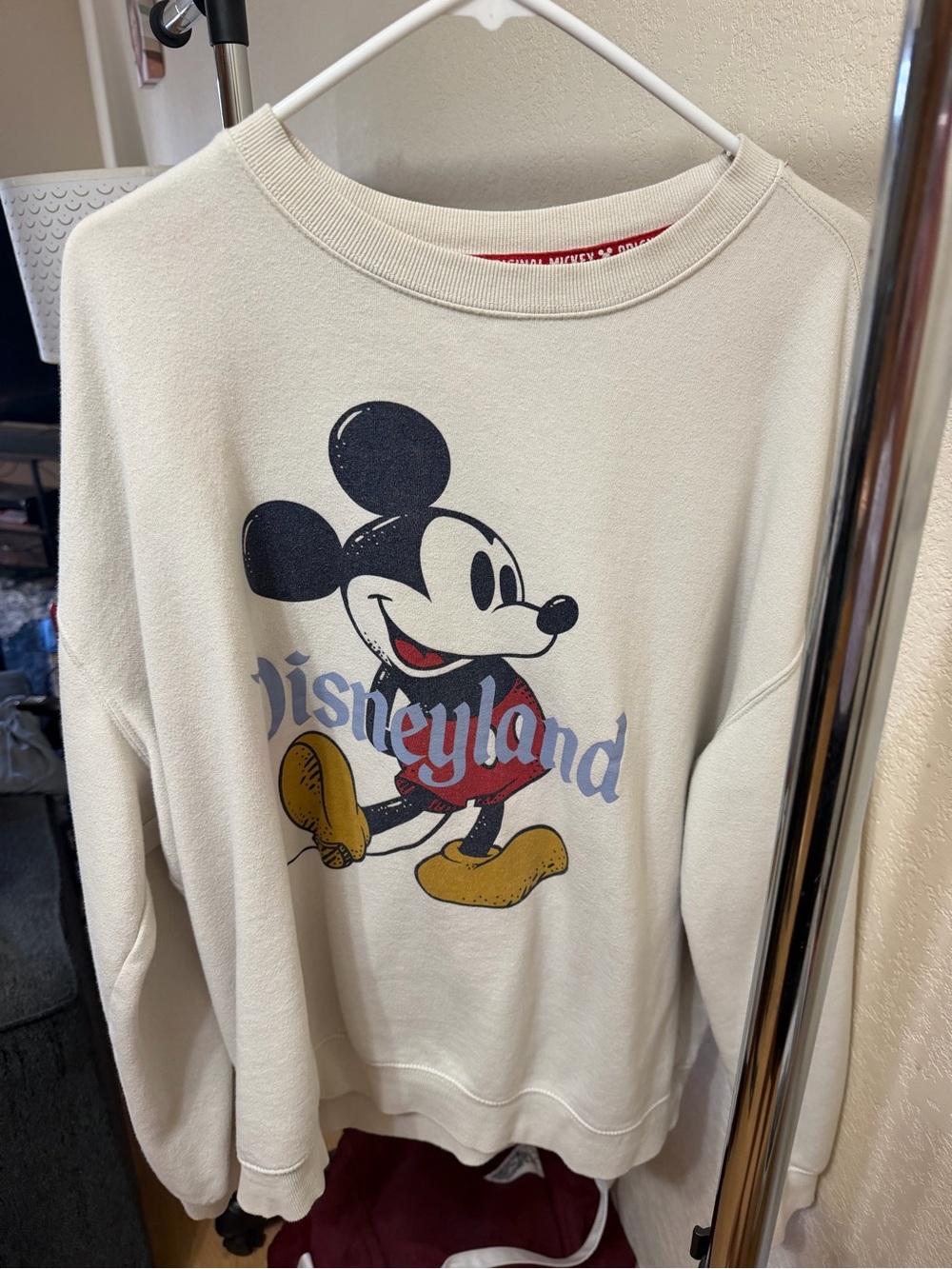 Disney Cream Sweatshirt with Mickey Graphic and Red Trim